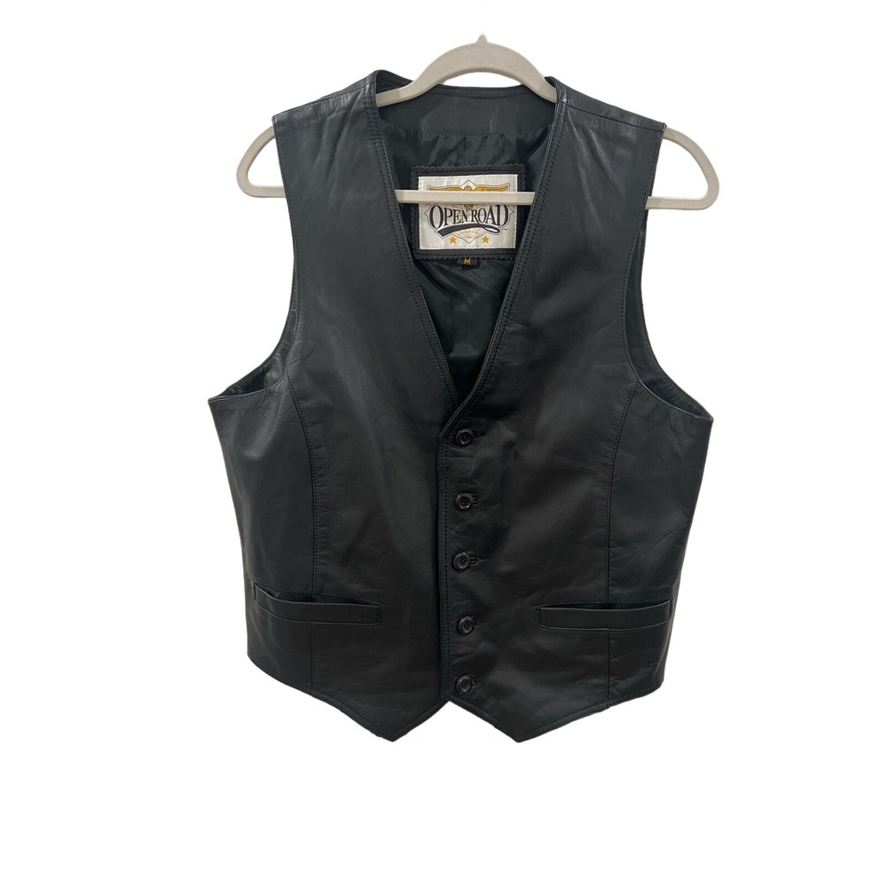 Open Road‎ Mens Black Leather Motorcycle Vest Size M Vented Pockets Biker